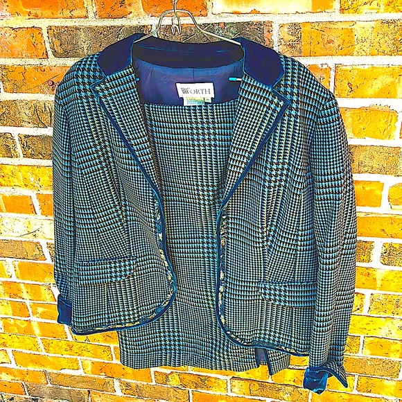 Worth Wool Suit Plaid With Blue Velvet Trim. Straight Skirt Woman’s Size 16 - Picture 1 of 16